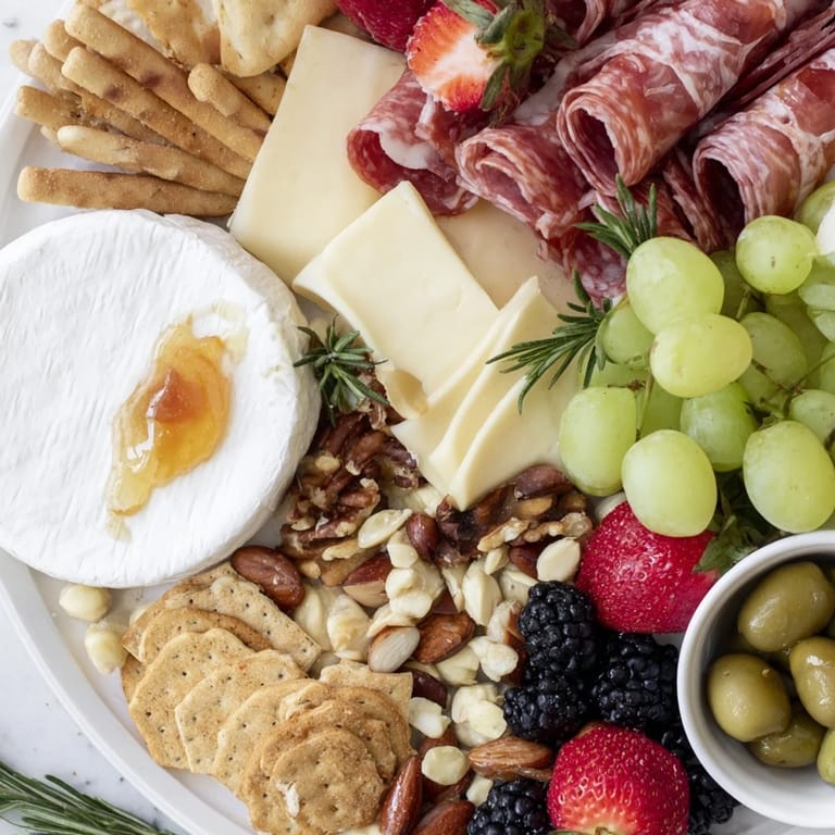 A close-up of a Quick Charcuterie Snack Board, overflowing with delicious cheese, meat, and fresh fruit for sharing.
