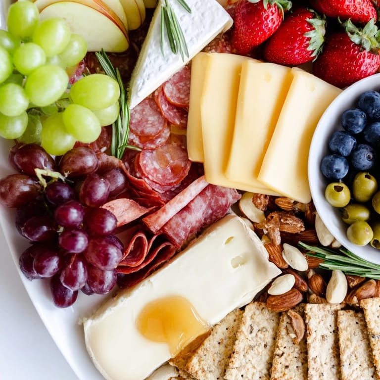 This easy snack board features brie, cheddar, and salami artfully arranged for a quick charcuterie experience.