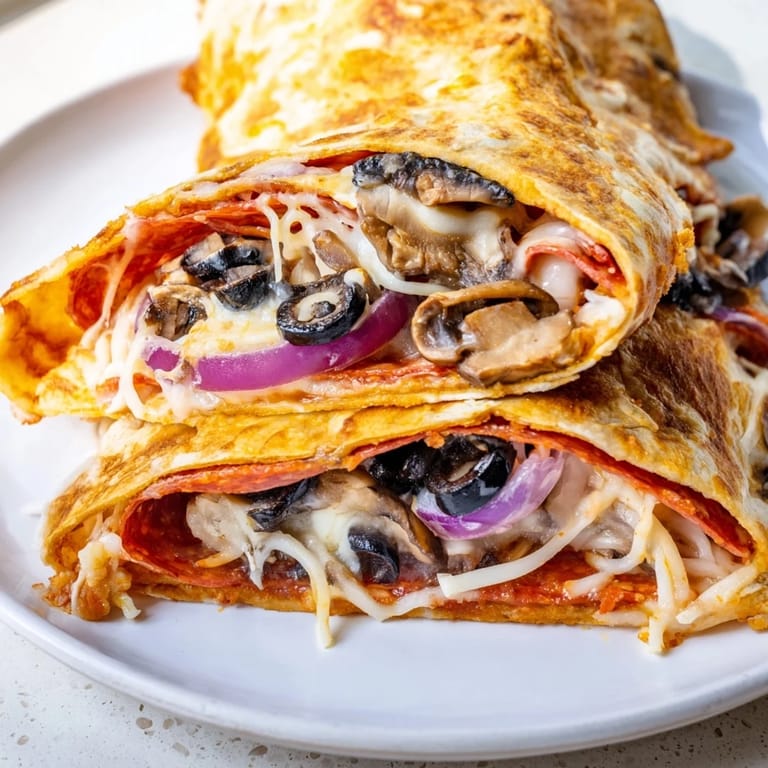 A close-up of a perfectly folded Cheesy Tortilla Pizza Wrap filled with gooey cheese and savory toppings.