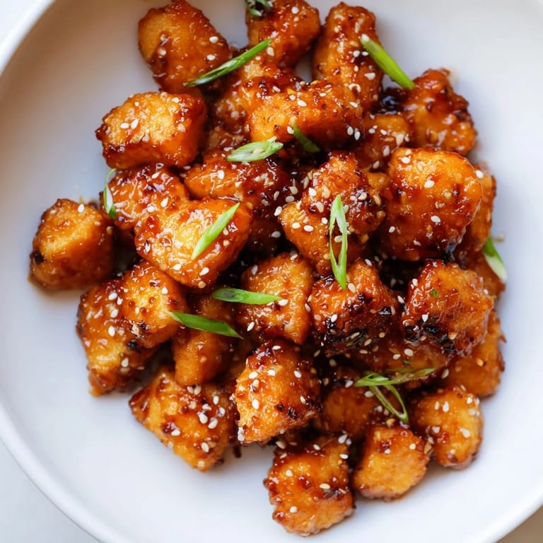 Golden, bite-sized Honey-Sriracha Chicken pieces, coated in a sticky sauce perfect for dipping.
