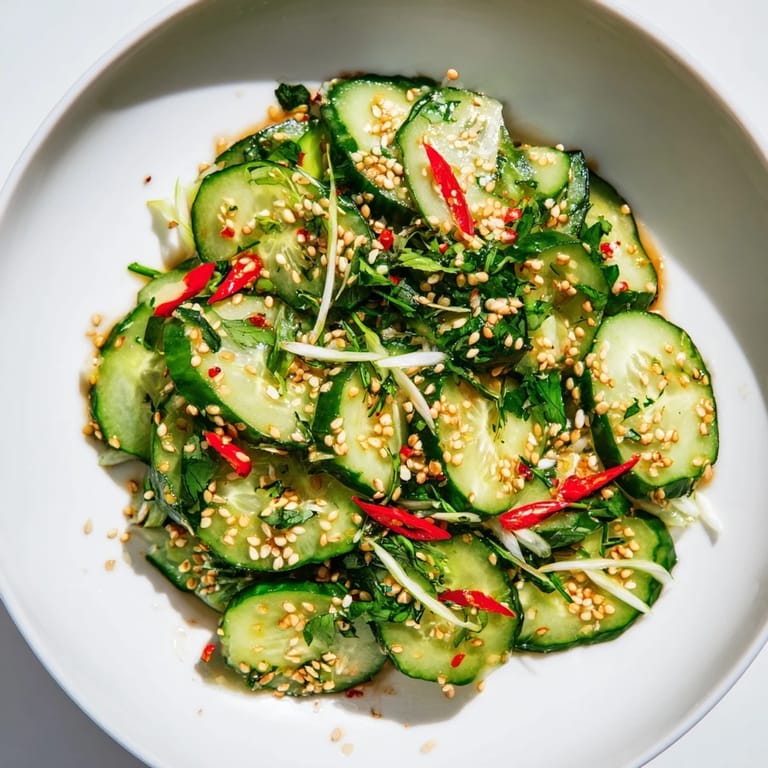 A close-up of the delicious Tangy Shaken Asian-Style Cucumber Salad, ready for enjoying a refreshing bite.