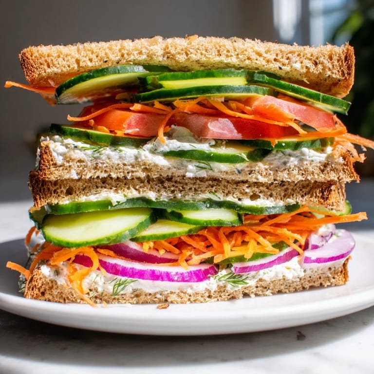 Freshly assembled and sliced, this crunchy dill pickle sandwich promises a bold, zesty flavor profile.