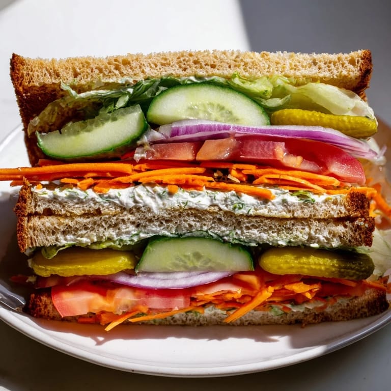 Discover the satisfying crunch of a stacked dill pickle sandwich, perfect for a quick, flavorful lunch.