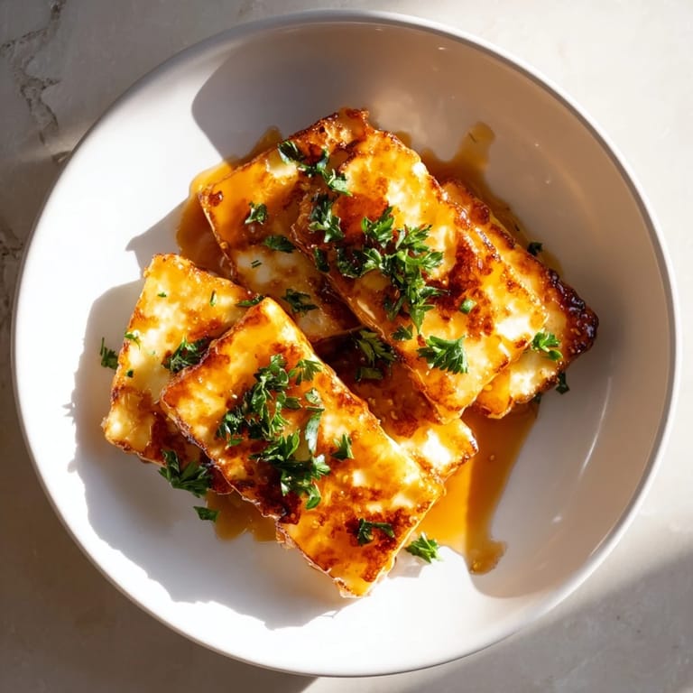 Savory and sweet hot honey halloumi, garnished with parsley, perfect for a Mediterranean-style meal.