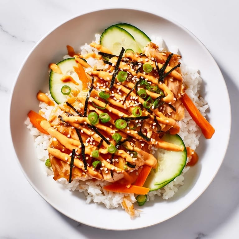 A vibrant teriyaki salmon rice bowl featuring tender salmon, fresh veggies, and a spicy sriracha mayo drizzle.