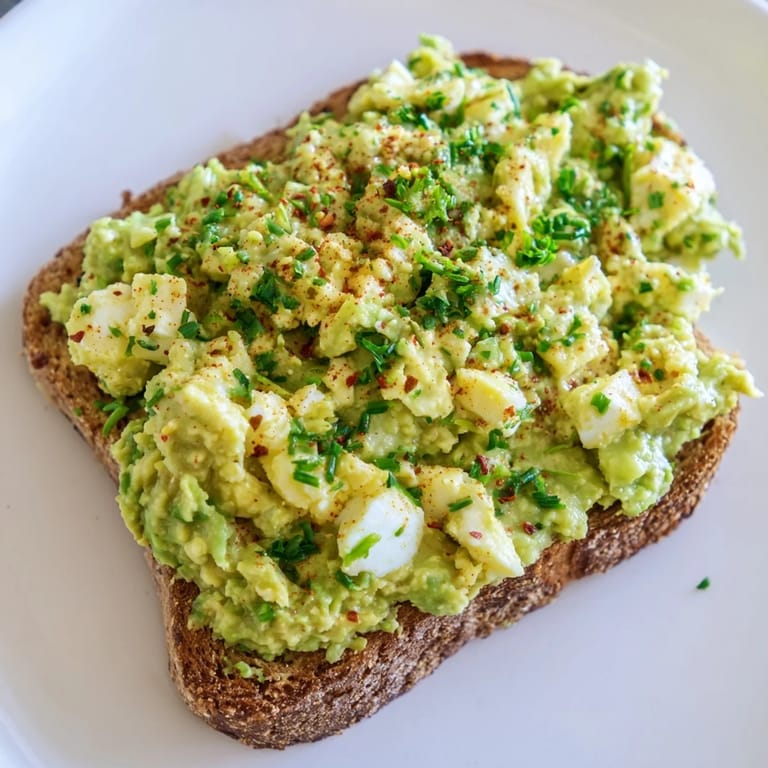 Close-up of creamy Avocado Egg Smash, seasoned perfectly and spread on toasted whole-grain bread.