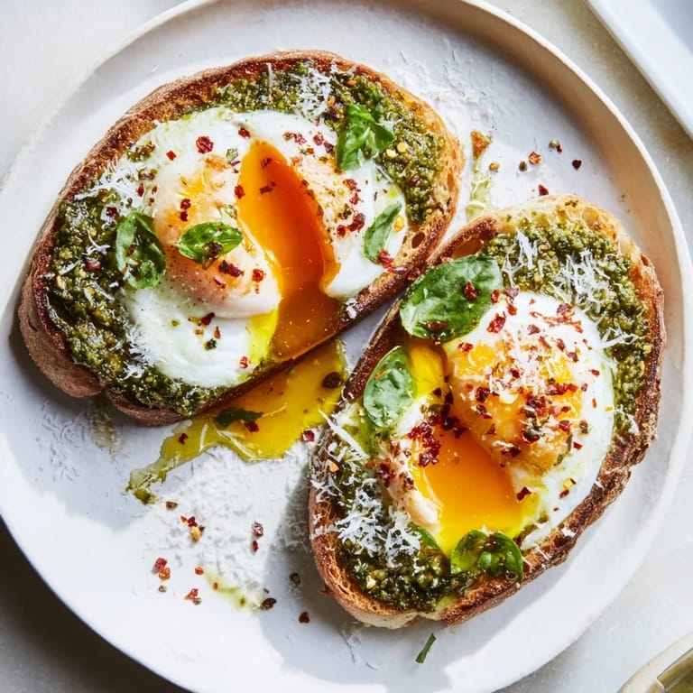 A close-up of pesto egg toast, offering a delicious breakfast with the herby aroma of fresh basil pesto.