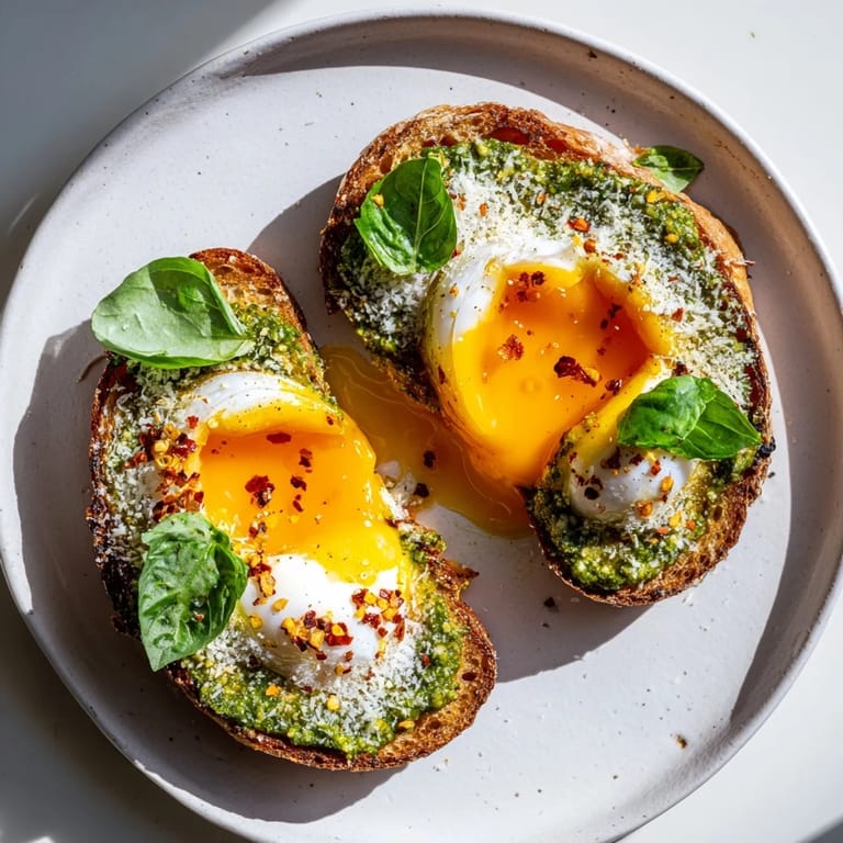 Warm pesto egg toast with a sprinkle of Parmesan, ready to enjoy with soft, golden egg yolks.