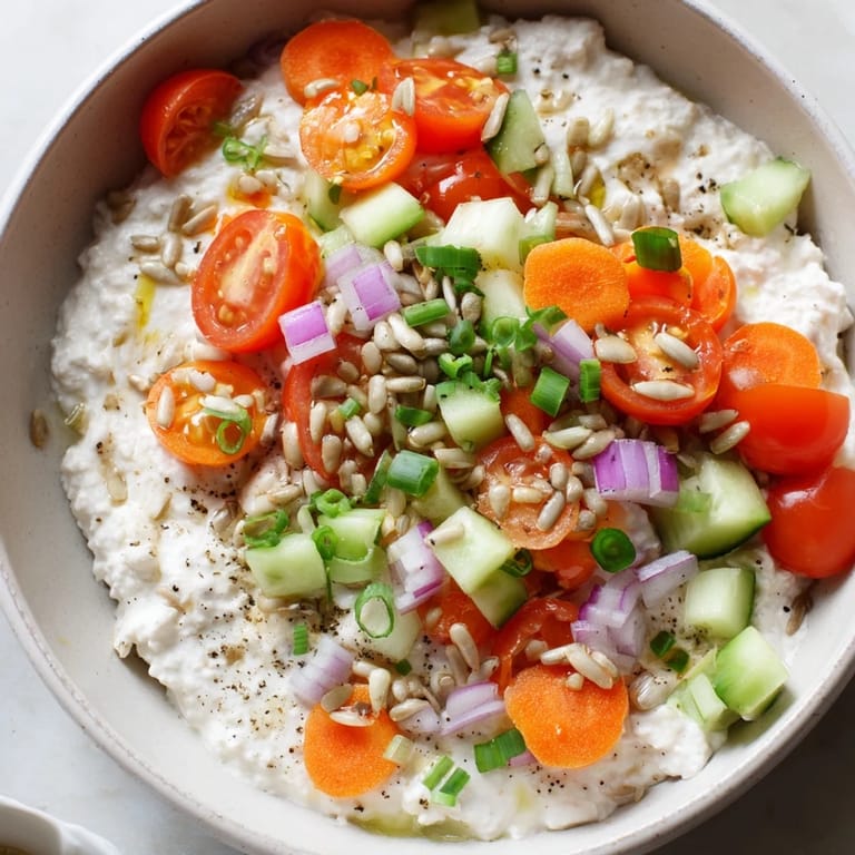 Vibrant cottage cheese snack bowl featuring tomatoes, carrots, and sunflower seeds; a protein-packed meal.