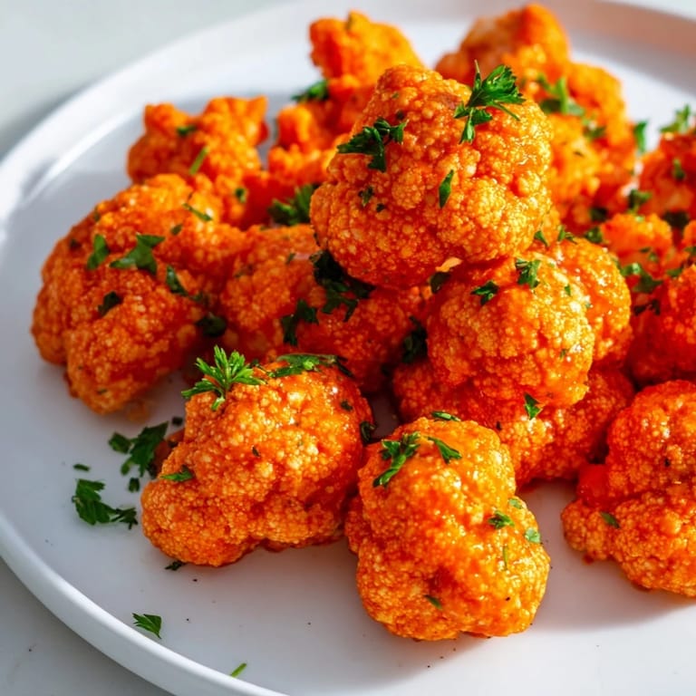 Fiery red Buffalo Cauliflower Bites, freshly baked and glistening with a spicy, savory sauce, vegan-friendly.