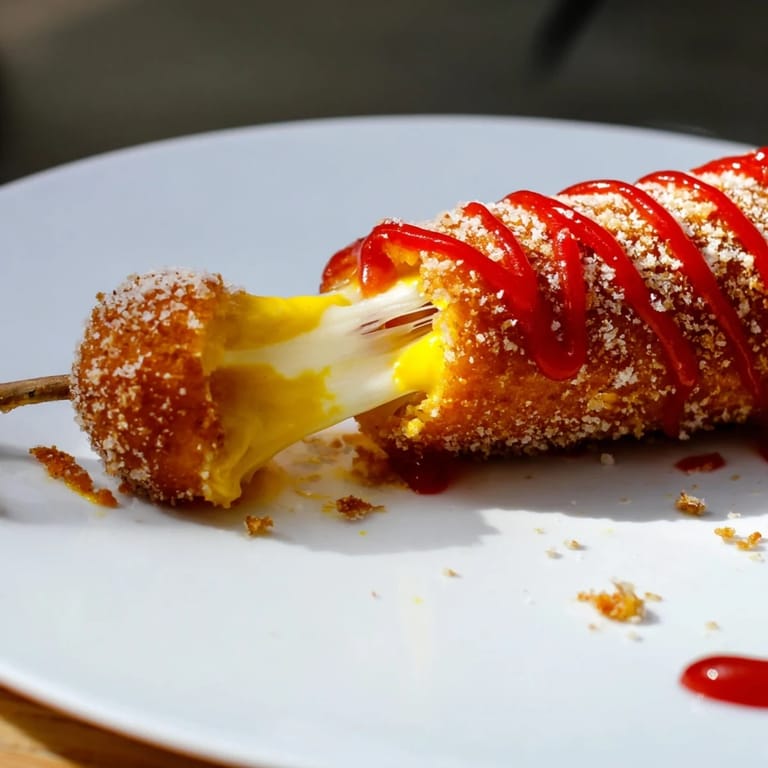 Melted cheese stretches from a perfectly fried Cheesy Korean Corn Dog, ready for a bite.
