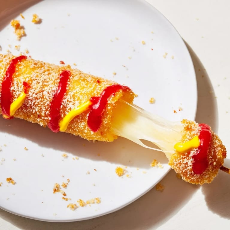 Close-up of a warm, sugar-dusted Korean corn dog with gooey mozzarella cheese, a fun snack.