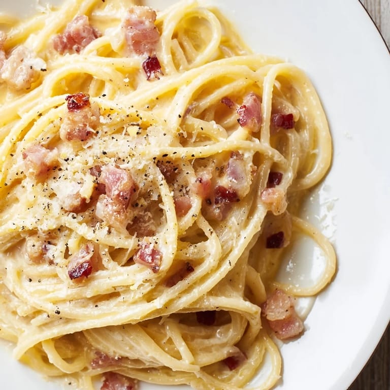 Creamy, rich Express Spaghetti Carbonara, featuring perfectly cooked spaghetti coated in cheesy egg sauce.
