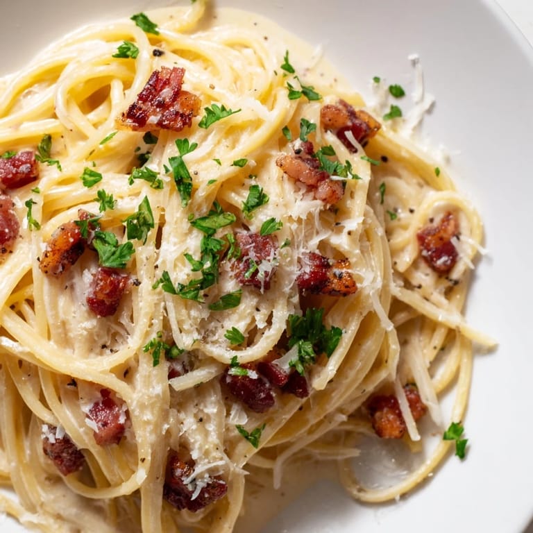 This photo shows a comforting bowl of creamy garlic bacon pasta, ready to enjoy.