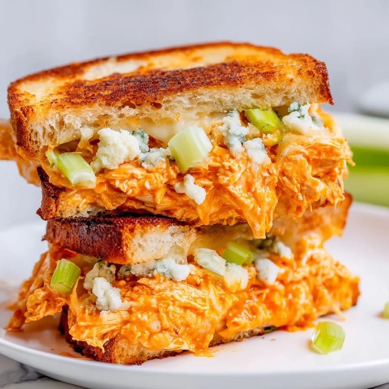 A close-up of a perfectly grilled Buffalo Chicken Grilled Cheese, ready for a delicious bite.