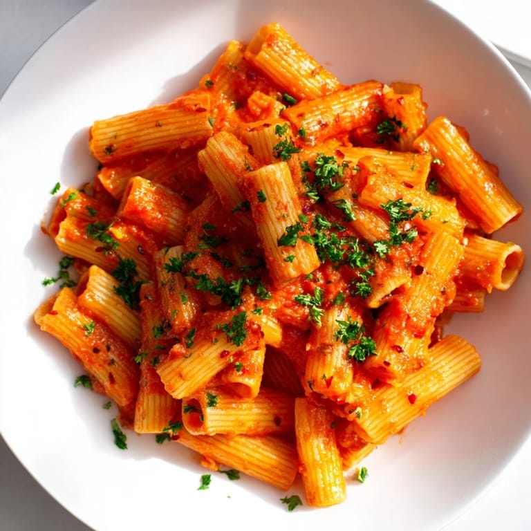 A close-up of delicious Penne all'Arrabbiata: pasta coated in a spicy, rich tomato sauce with fresh herbs.
