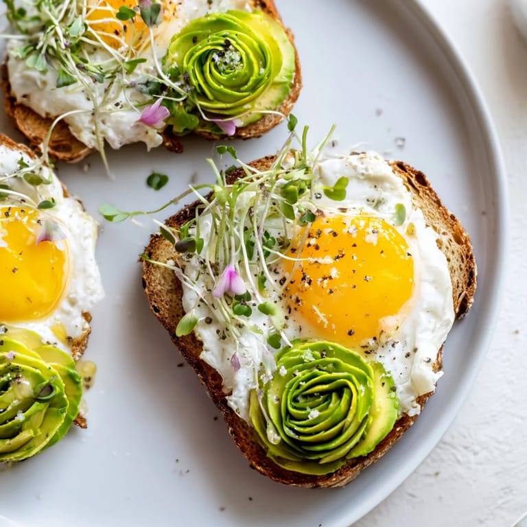 Beautiful brunch: Cloud Toast 2.0 with baked egg "clouds," avocado, microgreens, and a honey drizzle.