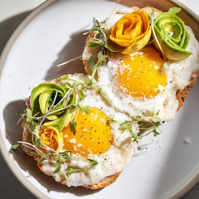 A visually stunning plate of Cloud Toast 2.0: fluffy egg whites with avocado and fresh, green microgreens.