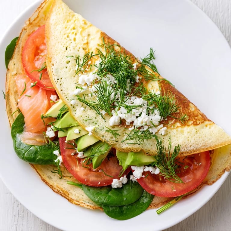 Thin and delicate, a cooked Blender Egg Crepe Wrap overflowing with fresh, vibrant fillings.