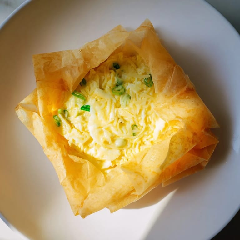 A close-up shot of crispy, delicious Rice Paper Egg & Cheese Folds, brimming with cheesy goodness.