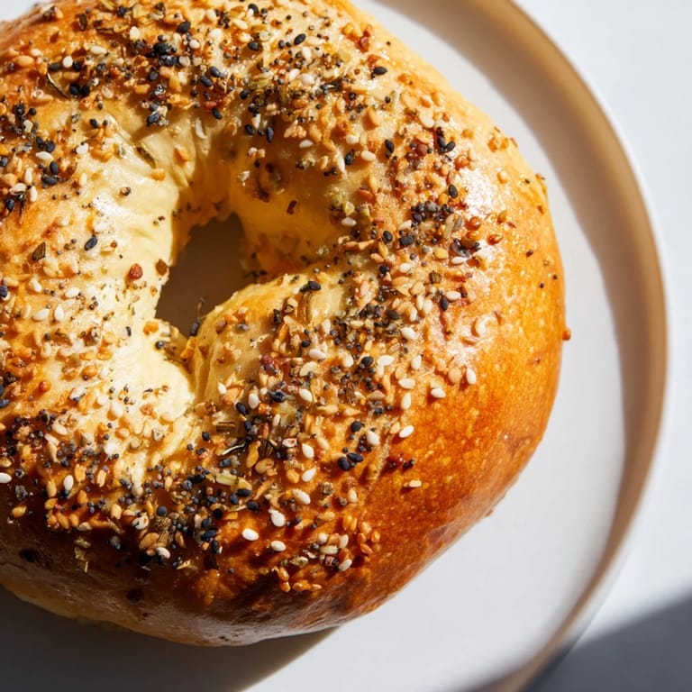 Homemade everything bagel yogurt bagels, soft on the inside, enticingly sprinkled with seasoning, perfect for enjoying.