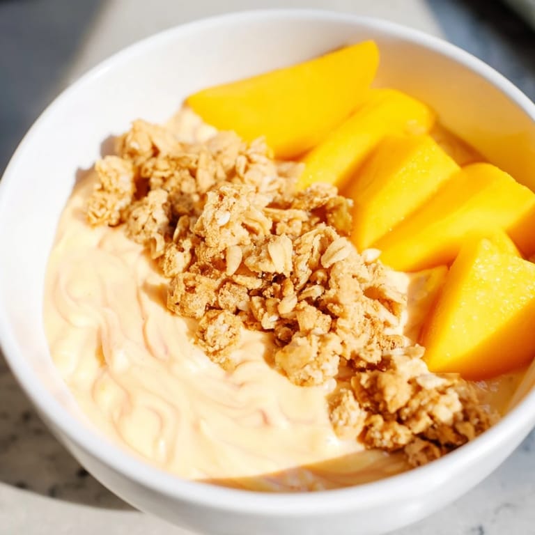 Cool and refreshing mango blended overnight oats with a swirl of sunshine-yellow, ready to eat.