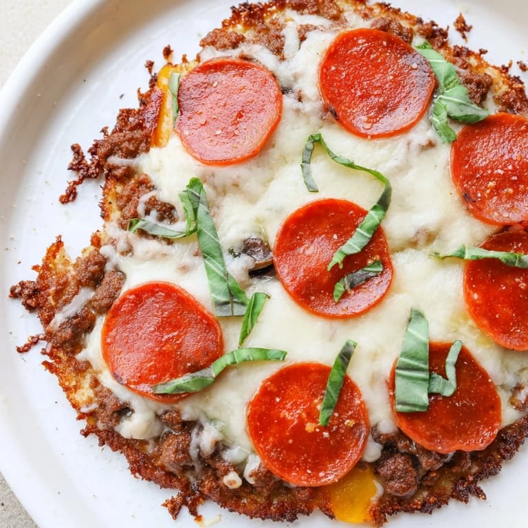 Homemade ground beef pizza base showcasing vibrant sauce, cheese and perfectly browned pepperoni slices.