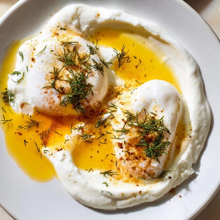Enjoy a flavorful Turkish Cilbir breakfast: poached eggs atop garlic yogurt and spiced butter.