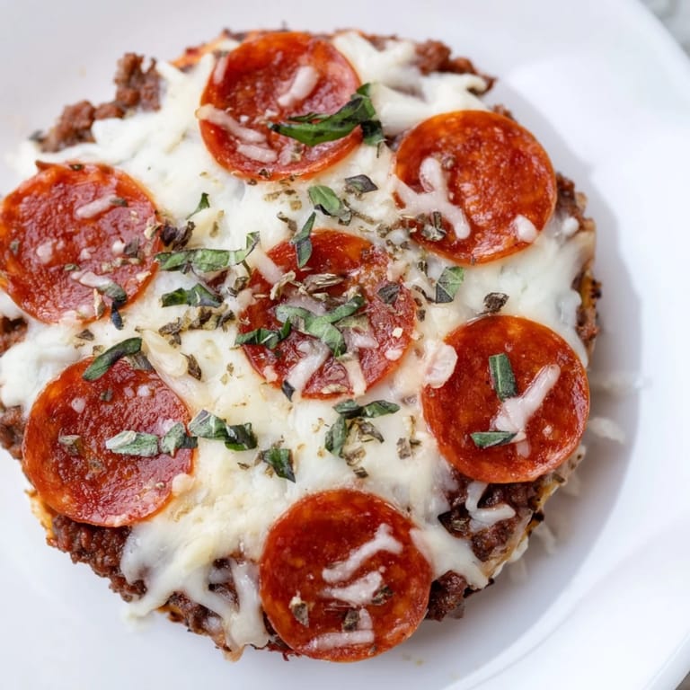 Imagine the savory aroma of this meaty Meat Pizza Pepperoni Stack with its bubbling cheese and basil garnish.