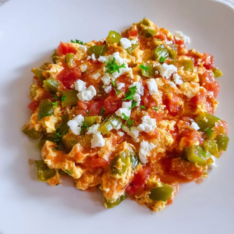 A close-up of a rustic Turkish menemen, showing vibrant tomatoes, peppers, and creamy scrambled eggs.