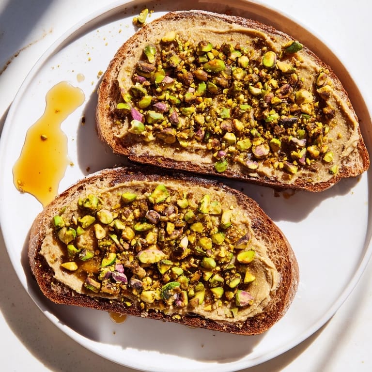 A close-up of a beautifully prepared Pistachio Butter Toast, ready to enjoy as a simple breakfast.