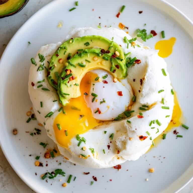 Golden Cloud Bread Breakfast Clouds with avocado slices and a poached egg garnished with chives.