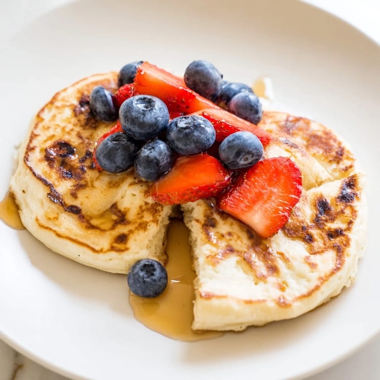 A close-up view of a Cottage Cheese Pancake bite revealing the moist, cake-like interior topped with a dollop of Greek yogurt.
