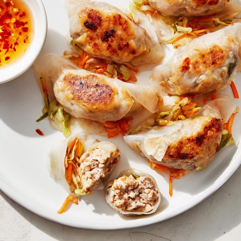 Homemade Crispy Rice Paper Dumplings steaming beside a small bowl of spicy soy dipping sauce, perfect for an appetizer.