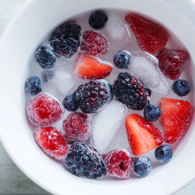Nature's Cereal Bowl recipe served in clear glasses, vibrant red and blue berries floating in coconut water with melting ice cubes.  