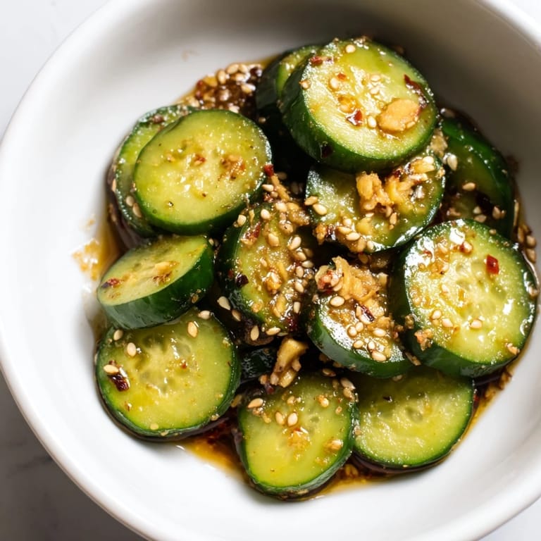 Freshly shaken, these cucumbers are coated in a garlicky, slightly spicy dressing and garnished with sesame seeds and green onions.