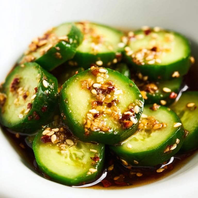 A vibrant bowl of Shake Shake Garlic Cucumbers, perfect as a crunchy, vegan side dish or appetizer for any meal.