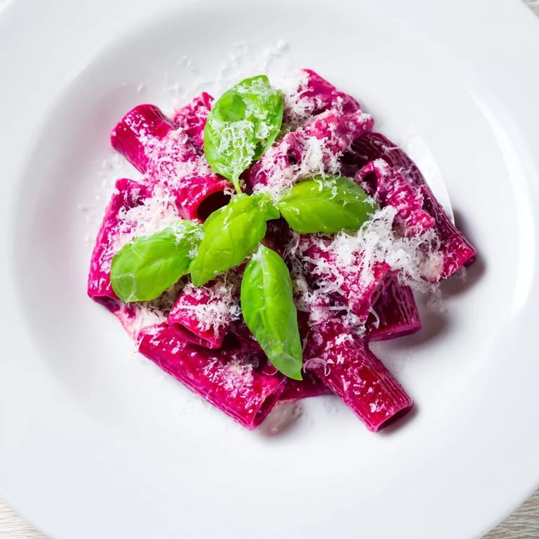 Ready-to-serve Pink Pasta with Beet Cream garnished with fresh basil, a lemon wedge, and black pepper.