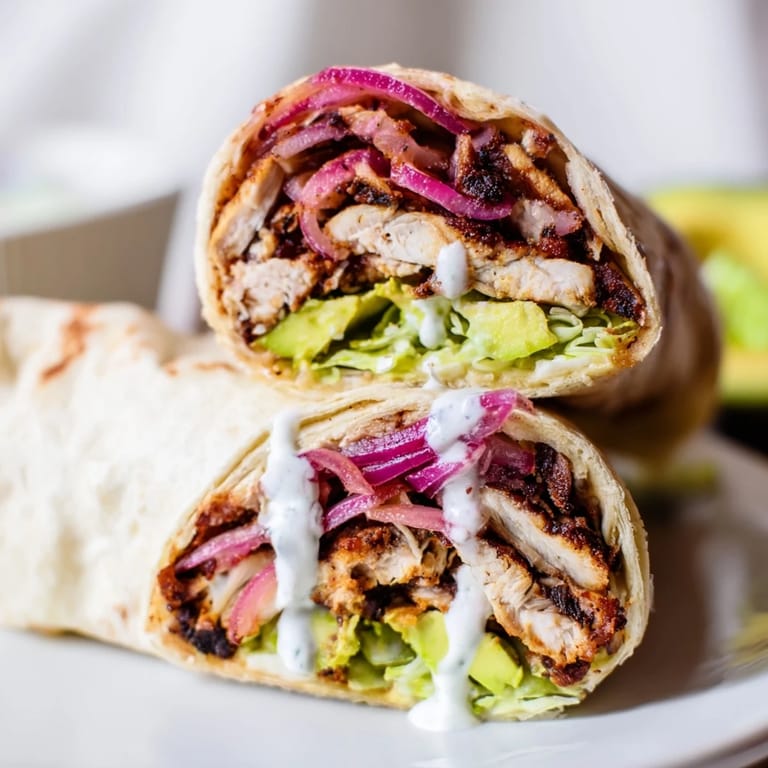 Assembled Smoky Chipotle Chicken Wrap ready to serve, featuring creamy Greek yogurt sauce and vibrant red onion.