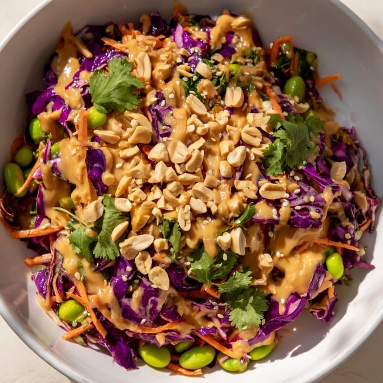 Vibrant and fresh Crunchy Thai Peanut Salad with crisp shredded cabbage, shredded carrots, and edamame, drizzled with a tangy peanut-lime dressing and topped with sesame seeds.