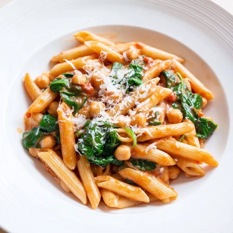 A close-up view of Creamy Tuscan Chickpea Pasta, highlighting the rich, creamy tomato sauce coating the noodles, with chickpeas and wilted spinach visible.