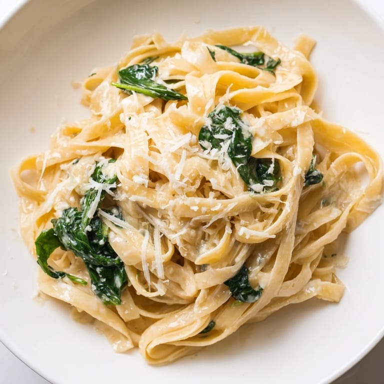 Tender spinach and garlic cloves simmering in a rich cream sauce, tossed with fettuccine in a skillet.