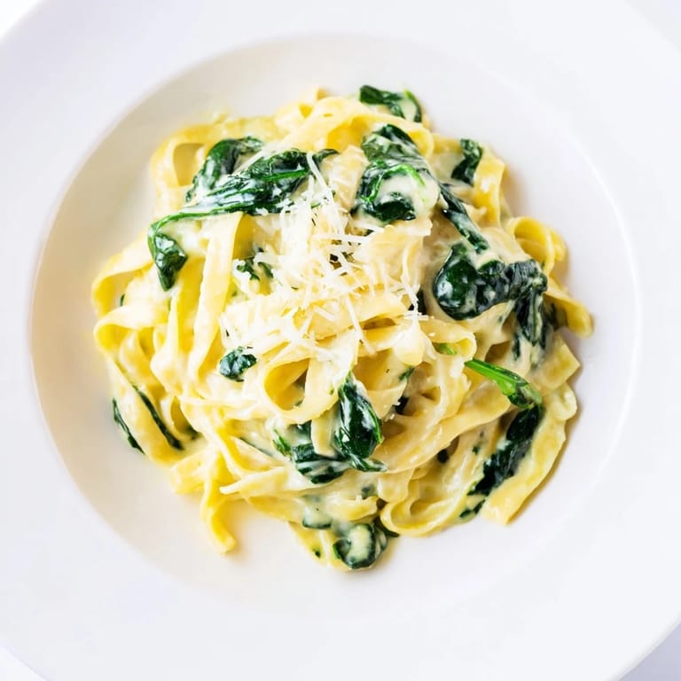 A bowl of creamy garlic spinach pasta with wilted greens, paired with a glass of white wine for dinner.