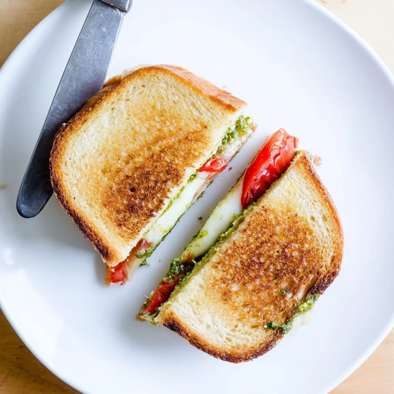 Buttery, golden Caprese Pesto Grilled Cheese served warm with extra basil pesto spread on crusty sourdough.