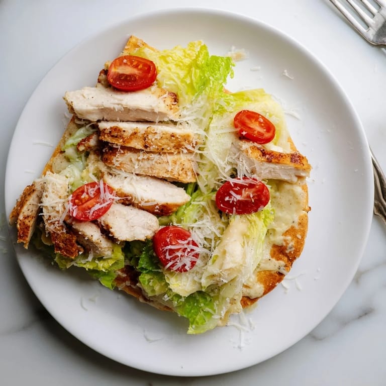 Warm Chicken Caesar Flatbread features juicy grilled chicken, fresh lettuce, tangy dressing, and shaved parmesan on a toasted flatbread base.