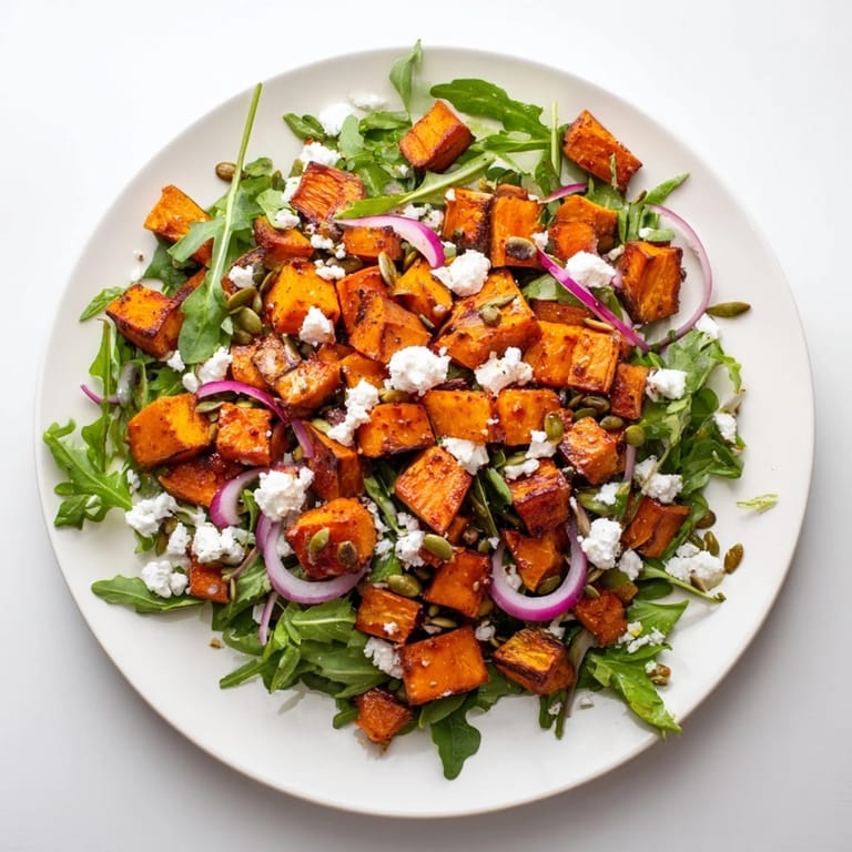 Colorful roasted sweet potato salad tossed in honey-lime dressing, featuring arugula and crumbled feta on a rustic platter.
