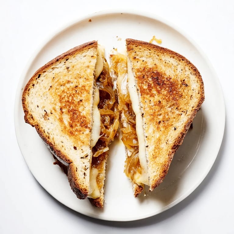 A rustic Caramelized Onion Grilled Cheese on a cutting board, accompanied by a warm bowl of creamy tomato soup.