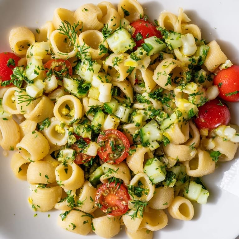 Fork-tender chickpea pasta salad studded with crisp cucumbers, juicy tomatoes, red onion, and chopped parsley, mint, and dill, glistening with lemon dressing—perfect for picnic spreads or easy meal prep.