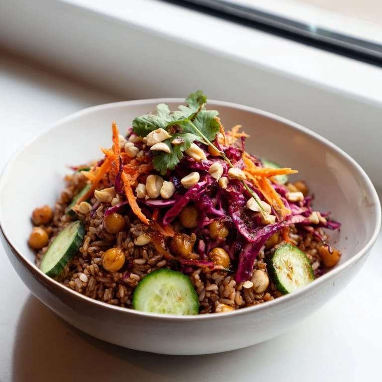 A colorful, high-protein vegan peanut chickpea rice bowl, served as a quick and nourishing weeknight dinner.