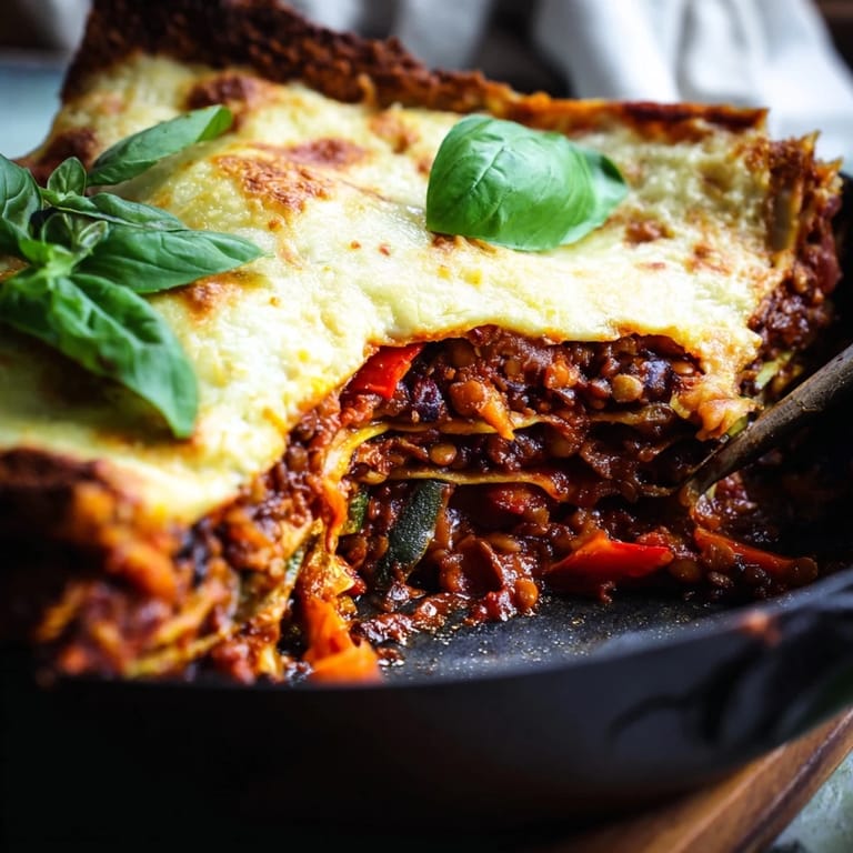Fresh basil garnishes a slice of One-Pan Smoky Veggie Lentil Lasagne, highlighting its bubbling cheese and vibrant vegetable filling.